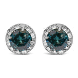 14K white gold earrings with round white and treated blue diamond stones thumbnail 1
