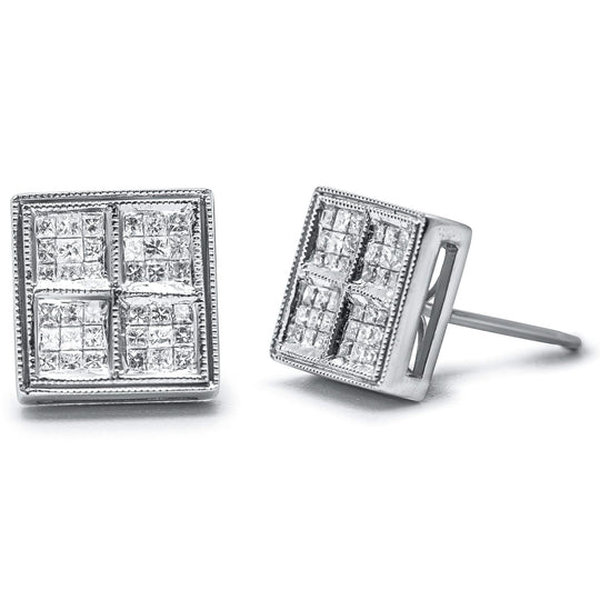 14K white gold stud earrings with princess diamond composite stones