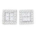 14K white gold stud earrings with round and baguette diamond stones
