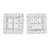 14K white gold stud earrings with round and baguette diamond stones thumbnail 1