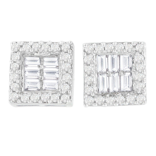 14K White Gold 1 cttw Round and Baguette Diamond Stud Earrings (H-I, SI1-SI2)-0