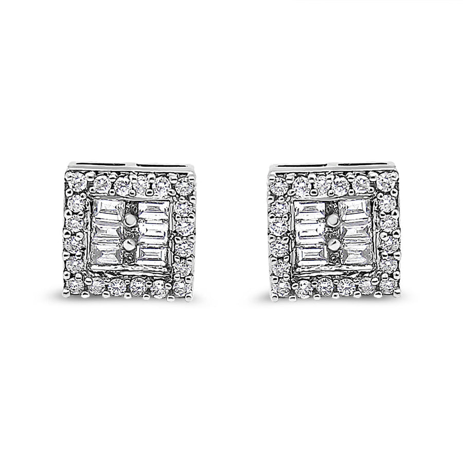 14K White Gold 1 cttw Round and Baguette Diamond Stud Earrings (H-I, SI1-SI2)