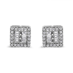 14K White Gold 1 cttw Round and Baguette Diamond Stud Earrings (H-I, SI1-SI2)-1