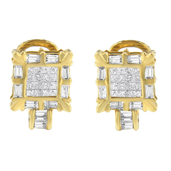 14K Yellow Gold 7/8 Cttw Princess and Baguette-Cut Diamond Square Framed Huggie Hoop Omega Earrings (H-I Color, SI1-SI2 Clarity)