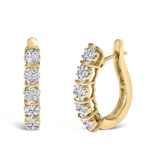 14K yellow gold hoop earrings with round diamond cluster stones
