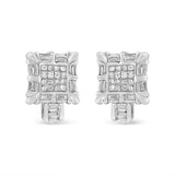 14K White Gold 1.0 Cttw Princess and Baguette-Cut Diamond Square Framed Huggie Hoop Omega Earrings (H-I Color, SI1-SI2 Clarity)-1 thumbnail 2
