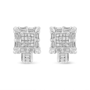 14K White Gold 1.0 Cttw Princess and Baguette-Cut Diamond Square Framed Huggie Hoop Omega Earrings (H-I Color, SI1-SI2 Clarity)-1