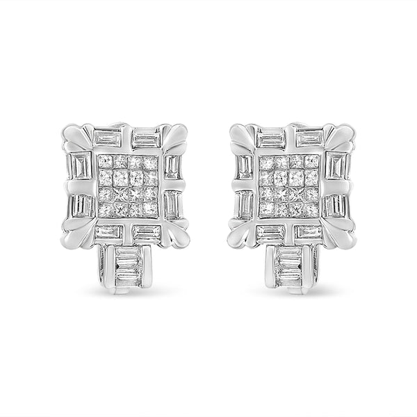 14K White Gold 1.0 Cttw Princess and Baguette-Cut Diamond Square Framed Huggie Hoop Omega Earrings (H-I Color, SI1-SI2 Clarity)