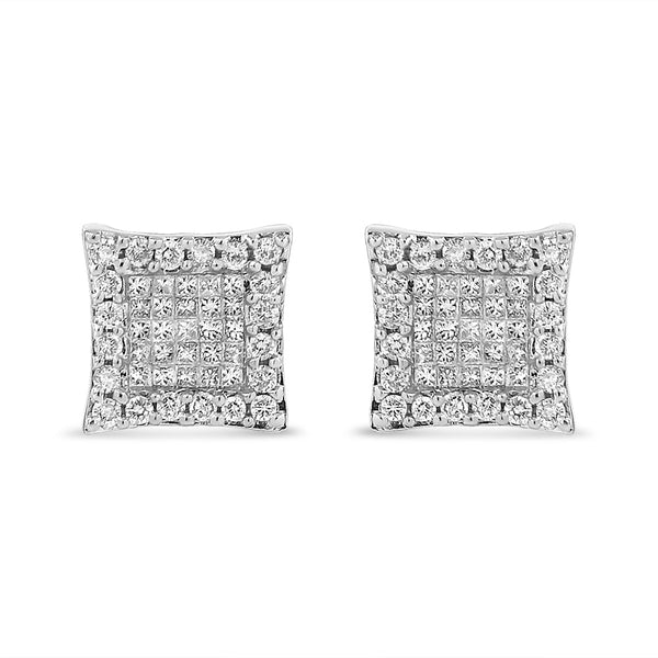 14K White Gold 1.00 Cttw Princess And Round-Cut Diamond Square Stud Earrings (G-H Color, SI1-SI2 Clarity)