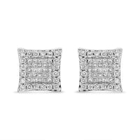 18K White Gold 1.00 Cttw Round and Princess-Cut Diamond Halo Square Stud Earring (G-H Color, SI1-SI2 Clarity)
