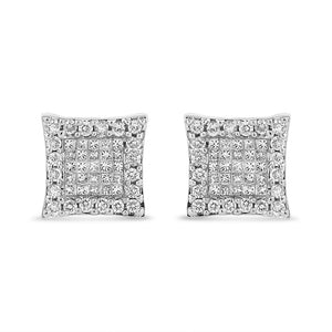18K White Gold 1.00 Cttw Round and Princess-Cut Diamond Halo Square Stud Earring (G-H Color, SI1-SI2 Clarity)-1
