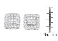 14K White Gold 1.0 Cttw Round Brilliant & Princess Cut Diamond Scallop-Edge Framed Square Halo Stud Earrings (G-H Color, SI1-SI2 Clarity)