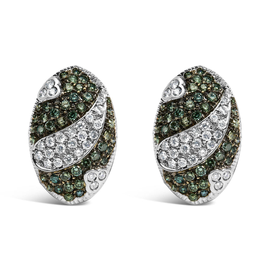 14K White Gold 2.00 Cttw White and Treated Blue Diamond Oval Shield Omega Back Earrings (H-I Color, SI1-SI2 Clarity)