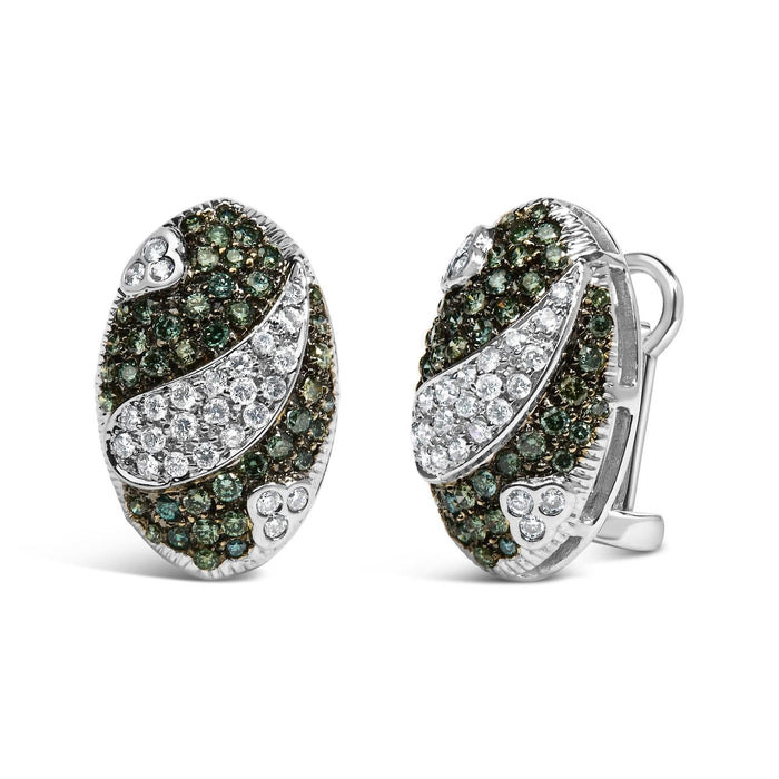14K White Gold 2.00 Cttw White and Treated Blue Diamond Oval Shield Omega Back Earrings (H-I Color, SI1-SI2 Clarity)