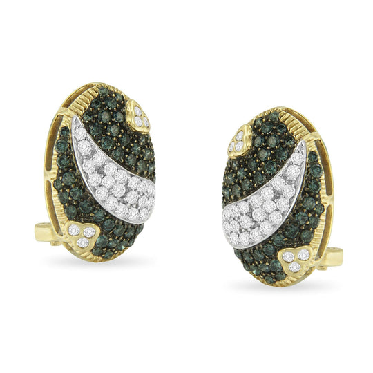 Black and White Rhodium over 14K Yellow Gold 2-1/10 Cttw White and Blue Diamond Oval Omega Back Stud Earrings (H-I and Blue Color, SI1-SI2 Clarity)-0