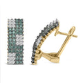 14K yellow gold earrings with four-row pave white and blue diamond stones