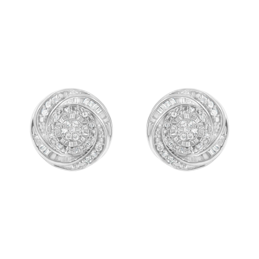 .925 Sterling Silver 1/4 Cttw Baguette and Round Diamond Swirl Love Knot Stud Earrings (I-J Color, I3 Clarity)