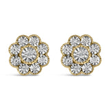 14K yellow gold stud earrings with cluster-set round diamond floral stones thumbnail 1