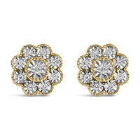 14K Yellow Gold Plated .925 Sterling Silver 1/6 Cttw Miracle-Plate Set Diamond Floral Stud Earrings (I-J Color, I2-I3 Clarity)