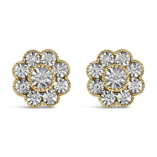 14K Yellow Gold Plated .925 Sterling Silver 1/6 Cttw Miracle-Plate Set Diamond Floral Stud Earrings (I-J Color, I2-I3 Clarity)-0