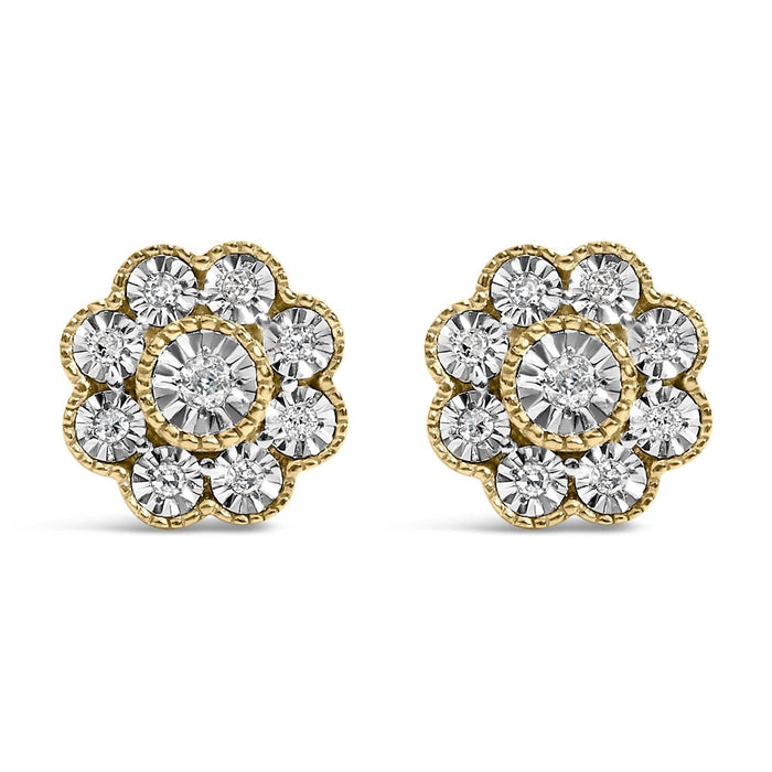 14K Yellow Gold Plated .925 Sterling Silver 1/6 Cttw Miracle-Plate Set Diamond Floral Stud Earrings (I-J Color, I2-I3 Clarity)