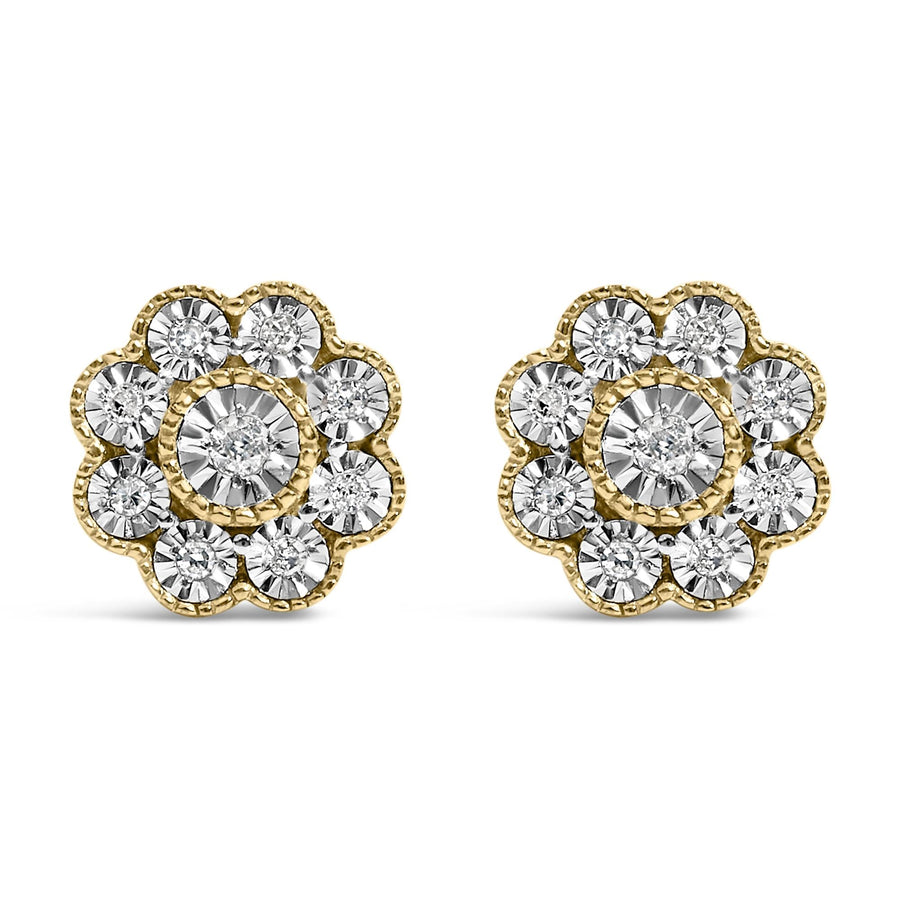 14K Yellow Gold Plated .925 Sterling Silver 1/6 Cttw Miracle-Plate Set Diamond Floral Stud Earrings (I-J Color, I2-I3 Clarity)