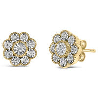 14K Yellow Gold Plated .925 Sterling Silver 1/6 Cttw Miracle-Plate Set Diamond Floral Stud Earrings (I-J Color, I2-I3 Clarity)