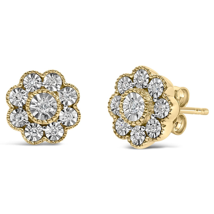 14K Yellow Gold Plated .925 Sterling Silver 1/6 Cttw Miracle-Plate Set Diamond Floral Stud Earrings (I-J Color, I2-I3 Clarity)