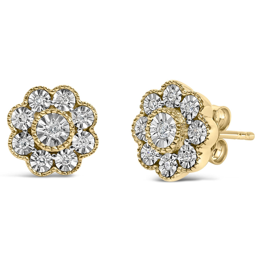 14K Yellow Gold Plated .925 Sterling Silver 1/6 Cttw Miracle-Plate Set Diamond Floral Stud Earrings (I-J Color, I2-I3 Clarity)