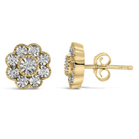 14K Yellow Gold Plated .925 Sterling Silver 1/6 Cttw Miracle-Plate Set Diamond Floral Stud Earrings (I-J Color, I2-I3 Clarity)