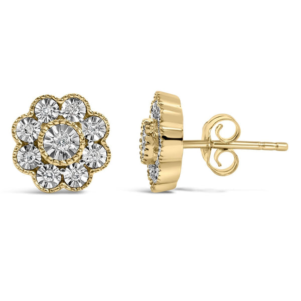 14K Yellow Gold Plated .925 Sterling Silver 1/6 Cttw Miracle-Plate Set Diamond Floral Stud Earrings (I-J Color, I2-I3 Clarity)