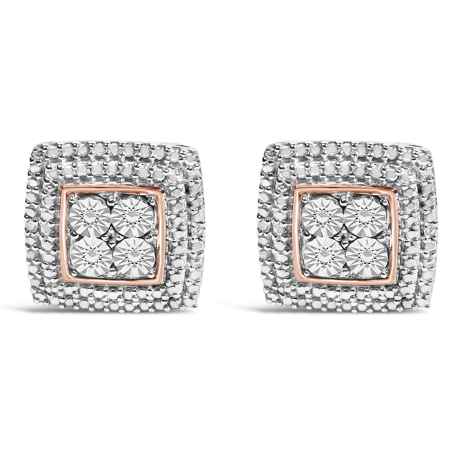 .925 Sterling Silver Diamond Accented Square Shaped Milgrain Stud Earrings (I-J Clarity, I3 Color)