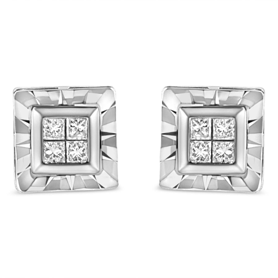 .925 Sterling Silver 1/6 Cttw Invisible Set Princess-Cut Diamond Quad Composite Stud Earrings (H-I Color, I1-I2 Clarity)
