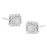 .925 Sterling Silver 1/6 Cttw Invisible Set Princess-Cut Diamond Quad Composite Stud Earrings (H-I Color, I1-I2 Clarity)-3 thumbnail 4
