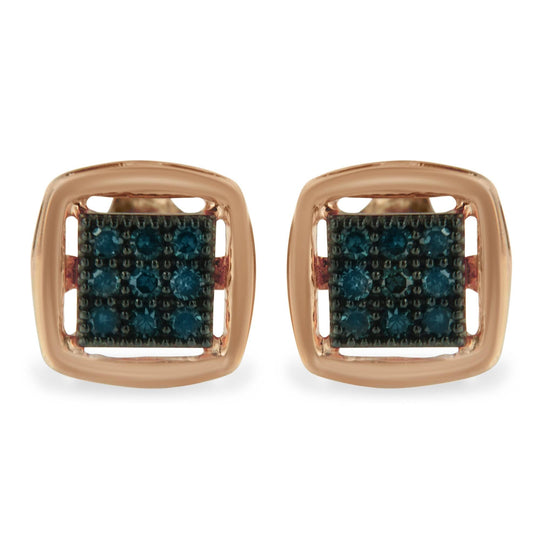 Rose plated sterling silver stud earrings with rose-cut blue diamond stones
