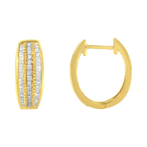 10K Yellow Gold 3/4 Cttw Pave and Channel Set Diamond Triple Row Modern Hoop Earrings (I-J Color, I2-I3 Clarity)-1