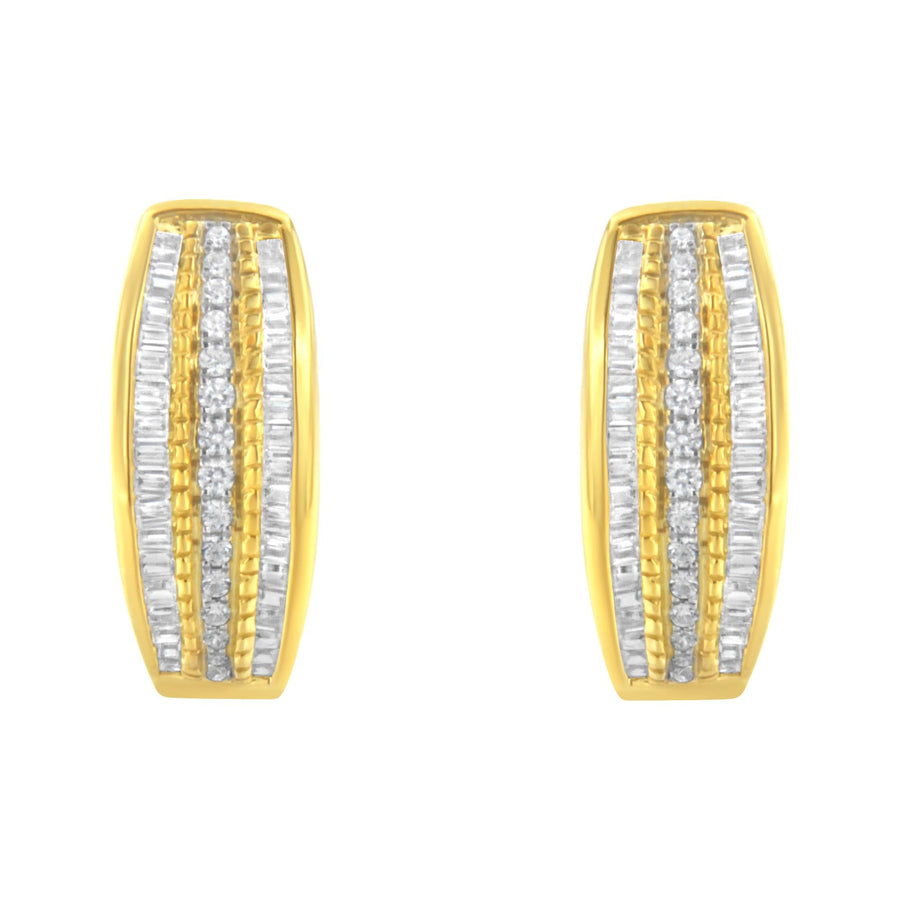 10K Yellow Gold 3/4 Cttw Pave and Channel Set Diamond Triple Row Modern Hoop Earrings (I-J Color, I2-I3 Clarity)