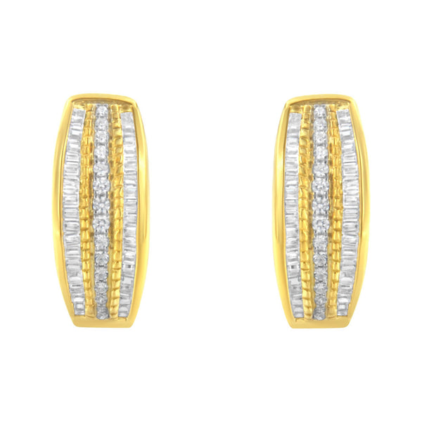 10K Yellow Gold 3/4 Cttw Pave and Channel Set Diamond Triple Row Modern Hoop Earrings (I-J Color, I2-I3 Clarity)