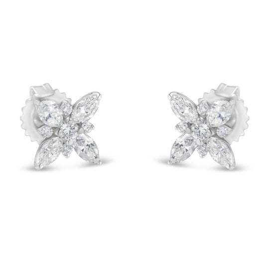 14K White Gold Marquise Diamond Flower Stud Earring (1.00 cttw, H-I Color, SI1-SI2 Clarity)-0