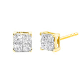 10K yellow gold stud earrings with princess-cut diamond composite stones thumbnail 1