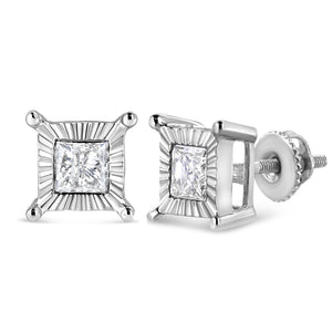 .925 Sterling Silver Miracle Set Princess-cut Diamond Solitaire Stud Earrings (H-I Color, I2-I3 Clarity)-1