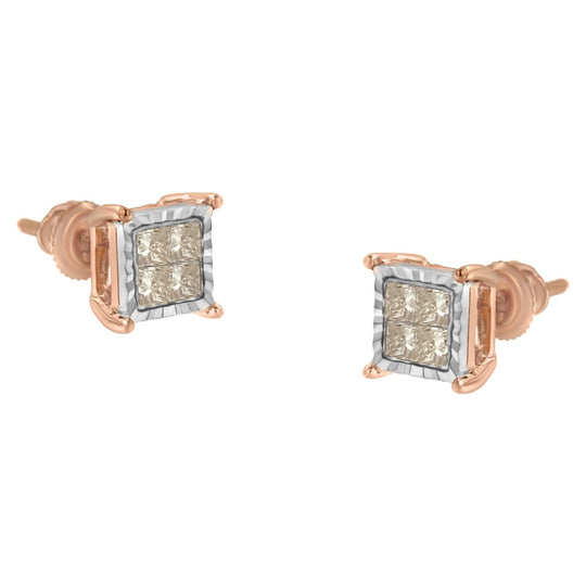 10K two-tone gold stud earrings with princess-cut composite diamond stones