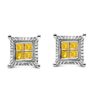 .925 Sterling Silver 1/2 Cttw Yellow Princess Diamond Quad Stud Earring