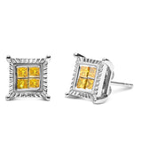 .925 Sterling Silver 1/2 Cttw Yellow Princess Diamond Quad Stud Earring-1 thumbnail 2