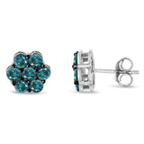 Sterling Silver Treated Blue Diamond Floral Stud Earrings (1 cttw, Blue Color, I2-I3 Clarity)-1 thumbnail 2