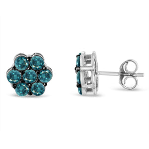 Sterling Silver Treated Blue Diamond Floral Stud Earrings (1 cttw, Blue Color, I2-I3 Clarity)-1