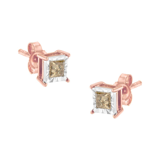14K Rose Gold Plated Two-Tone .925 Sterling Silver 1/2 Cttw Princess-Cut Square Diamond Solitaire Miracle-Plate Stud Earrings (K-L Color, I2-I3 Clarity)-0