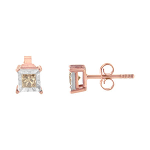 14K Rose Gold Plated Two-Tone .925 Sterling Silver 1/2 Cttw Princess-Cut Square Diamond Solitaire Miracle-Plate Stud Earrings (K-L Color, I2-I3 Clarity)-1