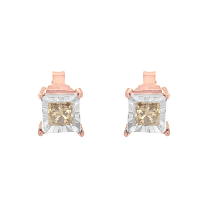 14K Rose Gold Plated Two-Tone .925 Sterling Silver 1/2 Cttw Princess-Cut Square Diamond Solitaire Miracle-Plate Stud Earrings (K-L Color, I2-I3 Clarity)