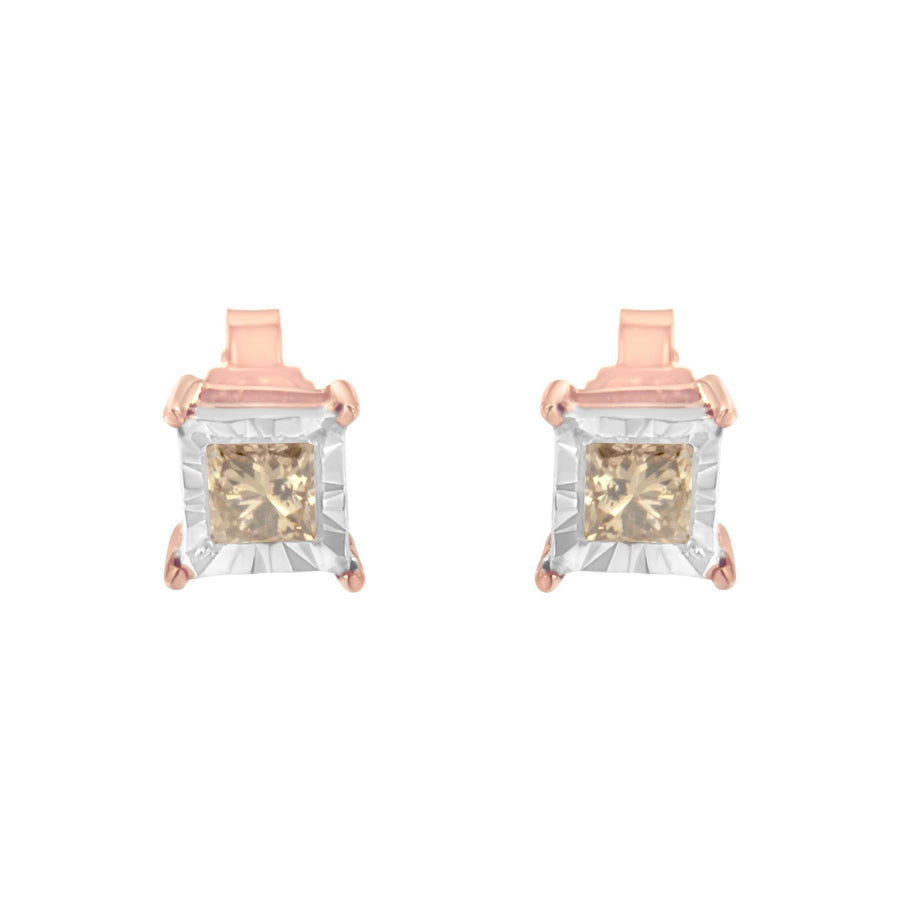 14K Rose Gold Plated Two-Tone .925 Sterling Silver 1/2 Cttw Princess-Cut Square Diamond Solitaire Miracle-Plate Stud Earrings (K-L Color, I2-I3 Clarity)